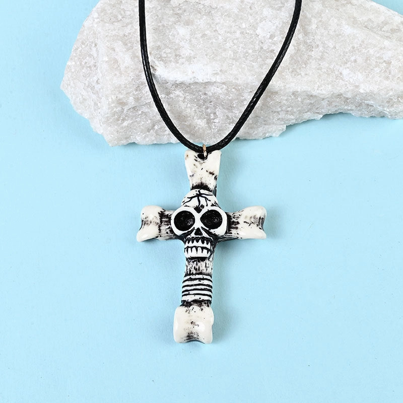 Wholesale Wooden Cross Halloween Skull Resin Necklace