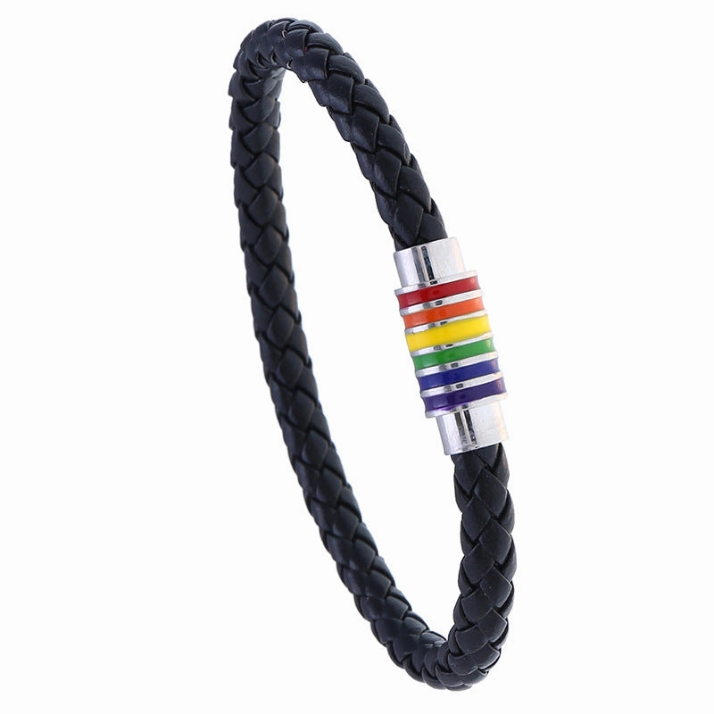 Wholesale Woven Rainbow Copper Magnet Buckle PU Leather Bracelet