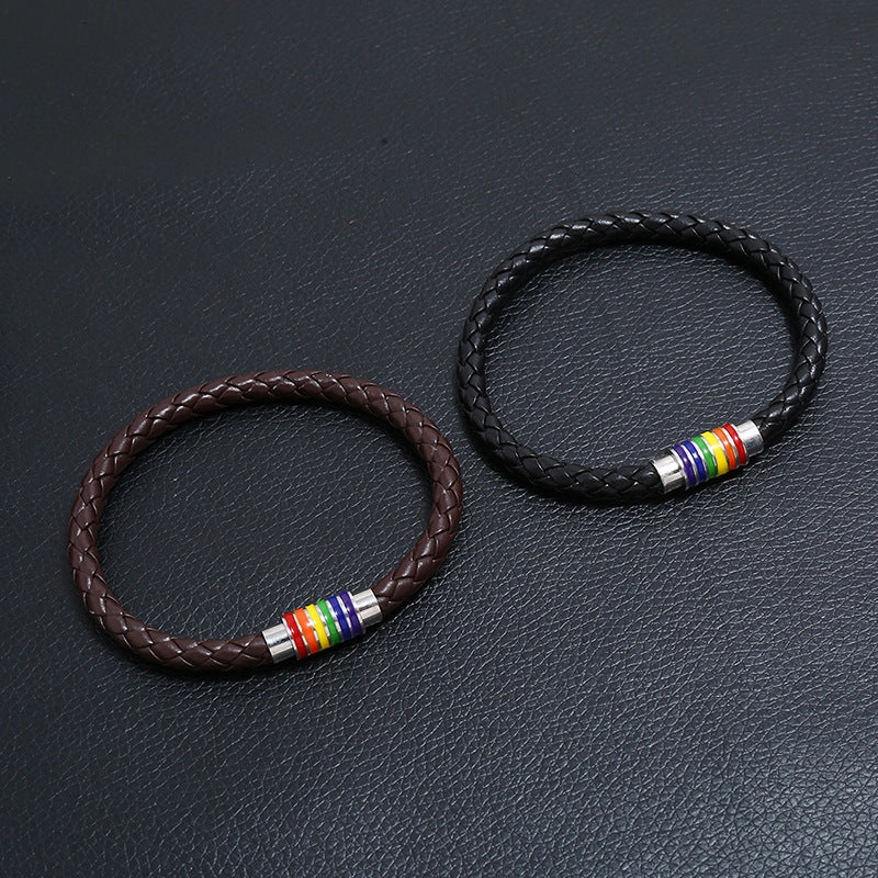 Wholesale Woven Rainbow Copper Magnet Buckle PU Leather Bracelet
