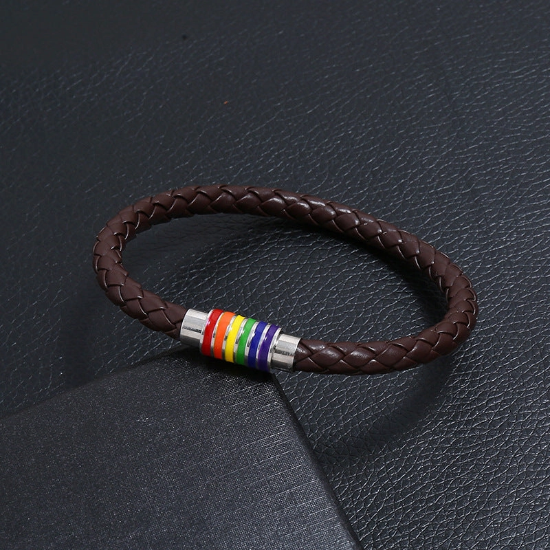 Wholesale Woven Rainbow Copper Magnet Buckle PU Leather Bracelet