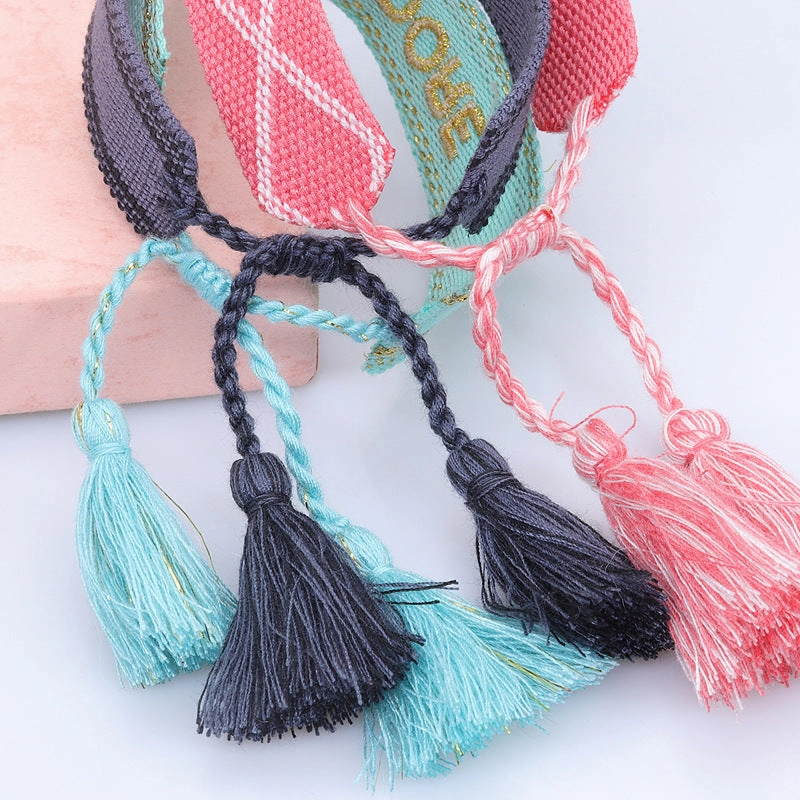 Wholesale Woven Tassel Bracelet with Letter Embroidery