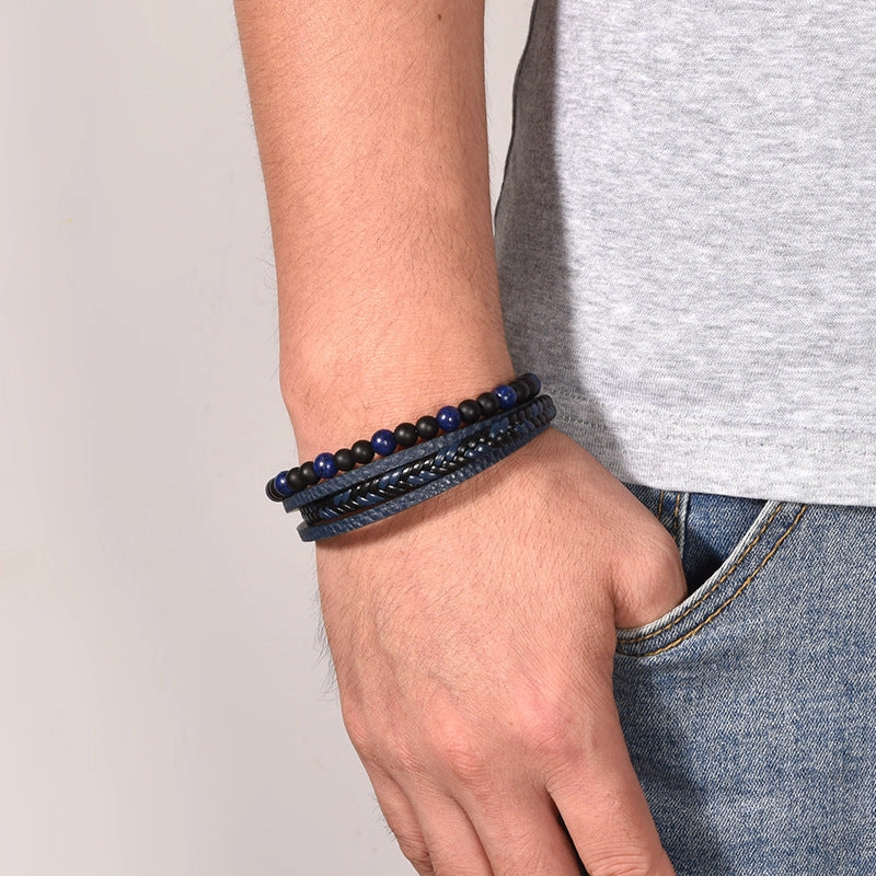 Wholesale Woven Tiger Eye Stone Alloy Buckle Men's Leather Bracelet
