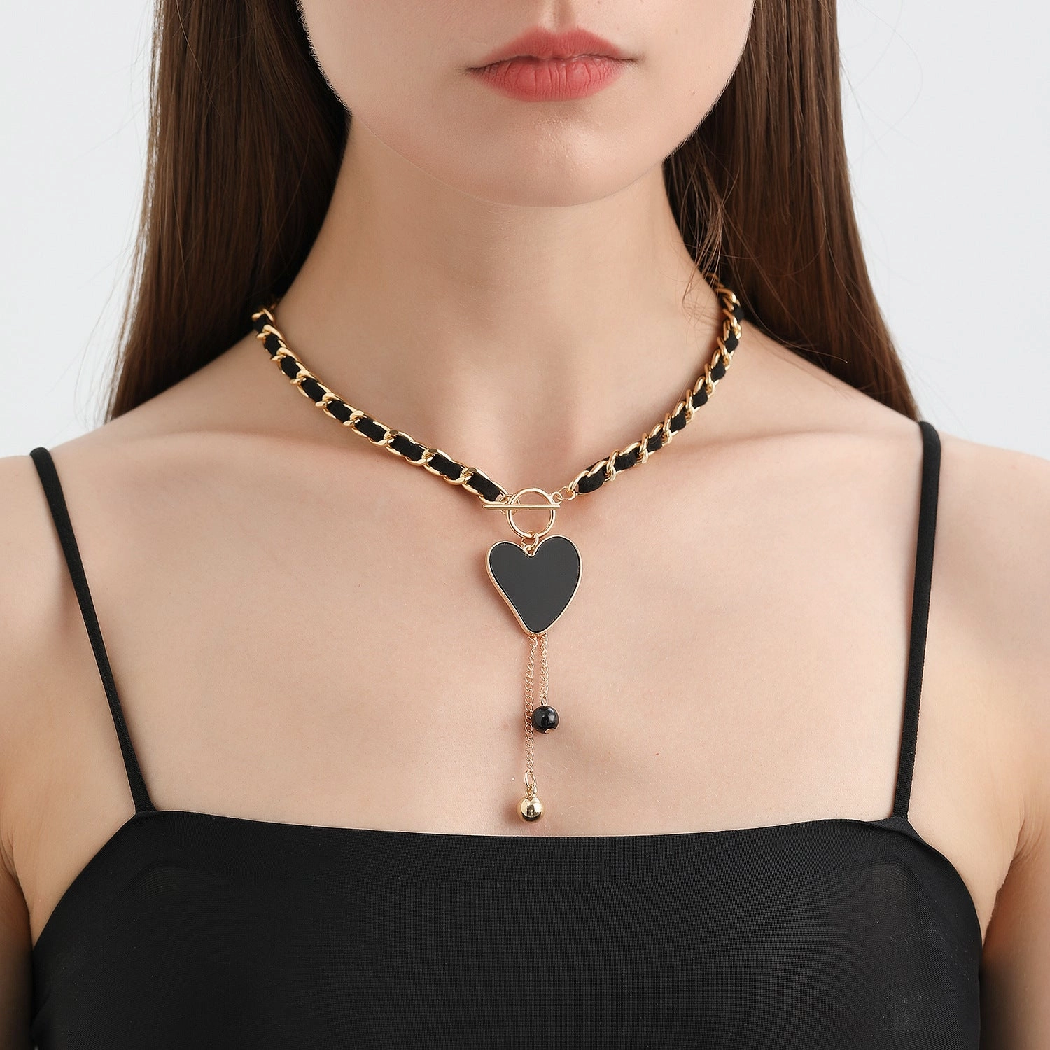 Wholesale Wrap Flannel Black Heart Mother of Pearl Necklace