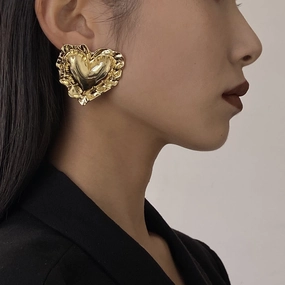 Wholesale wrinkled metal big heart earrings