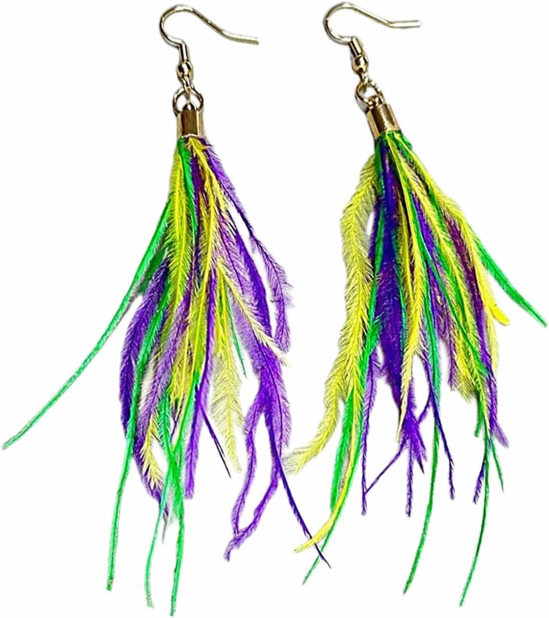 Wholesale Yellow, purple and green feather tassel earrings