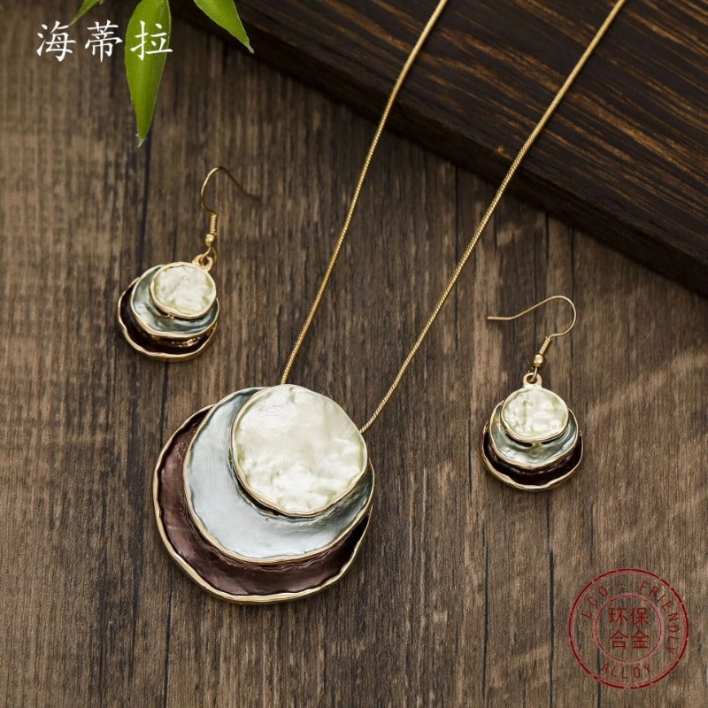 Wholesale Zinc Alloy Color Painting Oil Three-layer Ring Hollow Necklace Earring Set