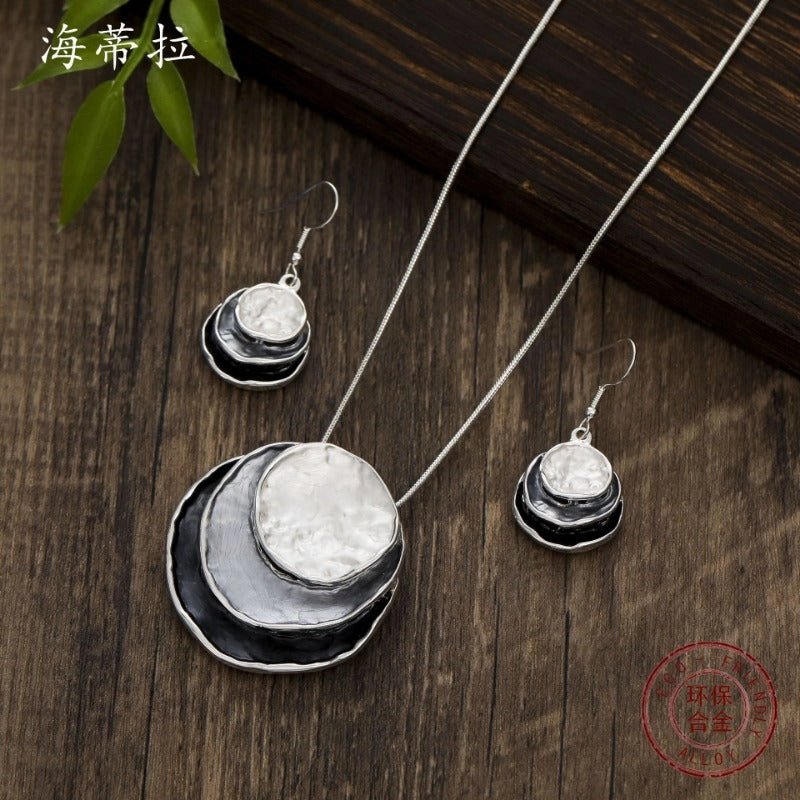 Wholesale Zinc Alloy Color Painting Oil Three-layer Ring Hollow Necklace Earring Set