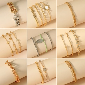 Wholesale Zircon Bracelet Set Exaggerated Geometric Beaded Thick Chain Bracelet
