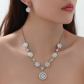 Wholesale Zircon Inlaid Pearl Flower Earring Earrings and Necklace Set