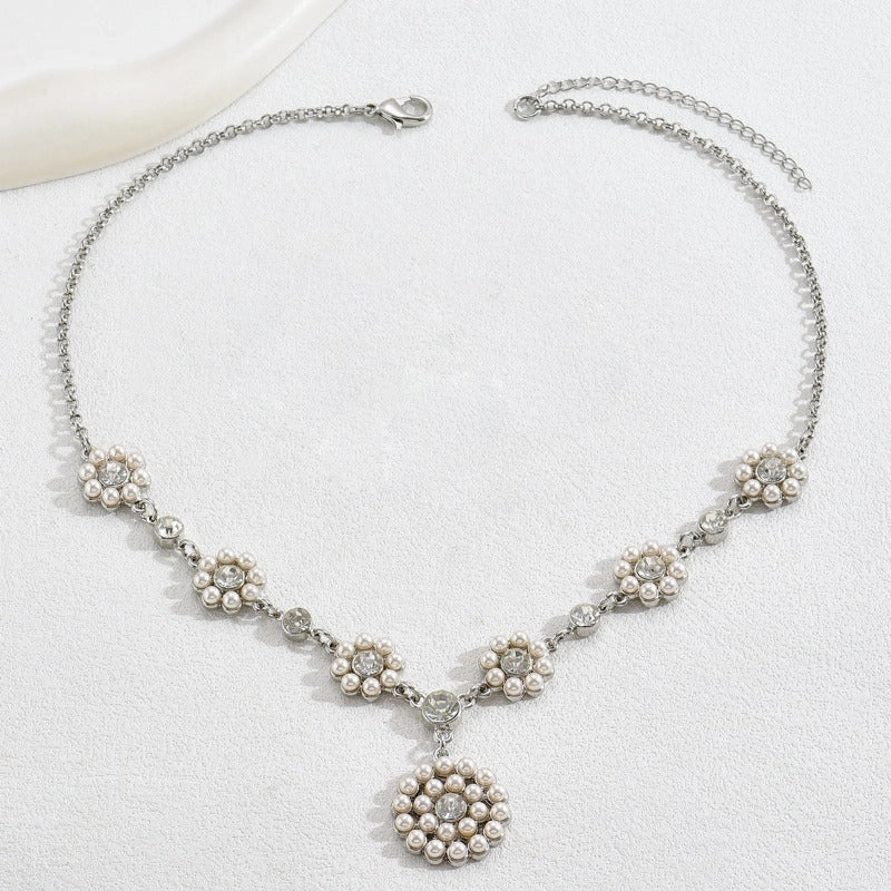 Wholesale Zircon Inlaid Pearl Flower Earring Earrings and Necklace Set