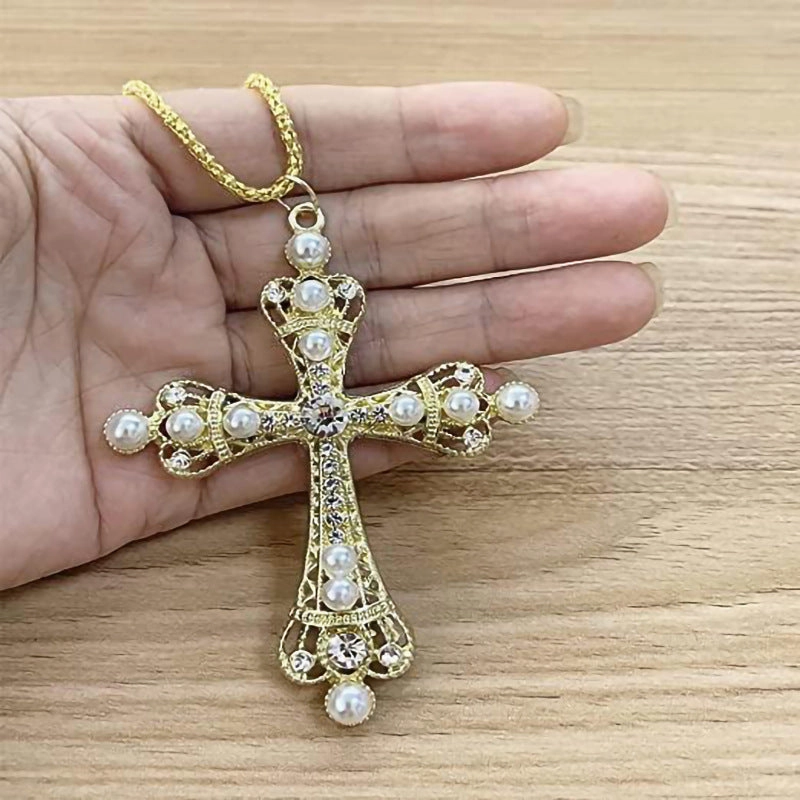 Wholesale Zircon Pearl Micro Inlay Cross Ladies Necklaces