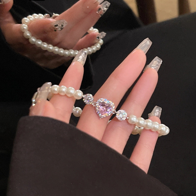 Wholesale Zircon Pink Love Pearl Stretch Bracelet