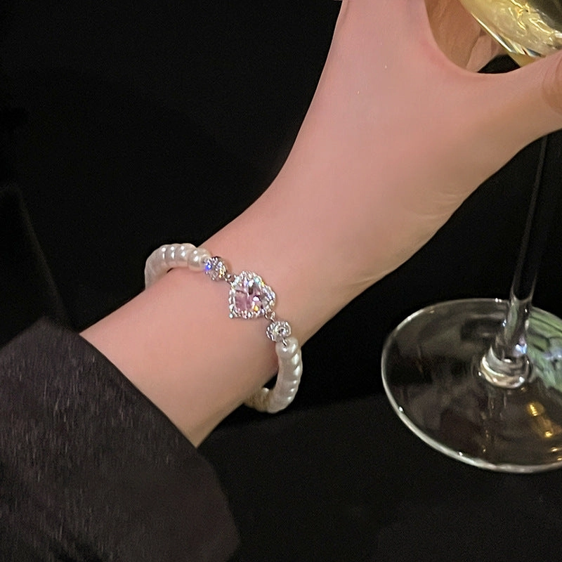 Wholesale Zircon Pink Love Pearl Stretch Bracelet