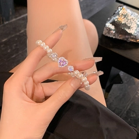 Wholesale Zircon Pink Love Pearl Stretch Bracelet