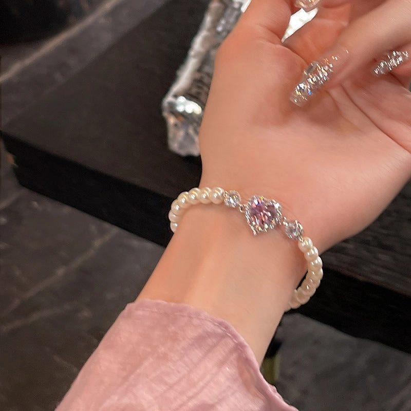 Wholesale Zircon Pink Love Pearl Stretch Bracelet