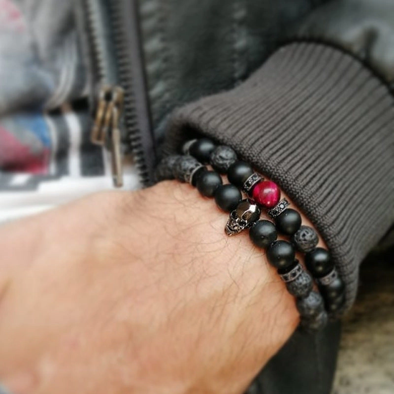 Wholesale Zircon Skull Volcanic Stone Beads Men's Bracelet