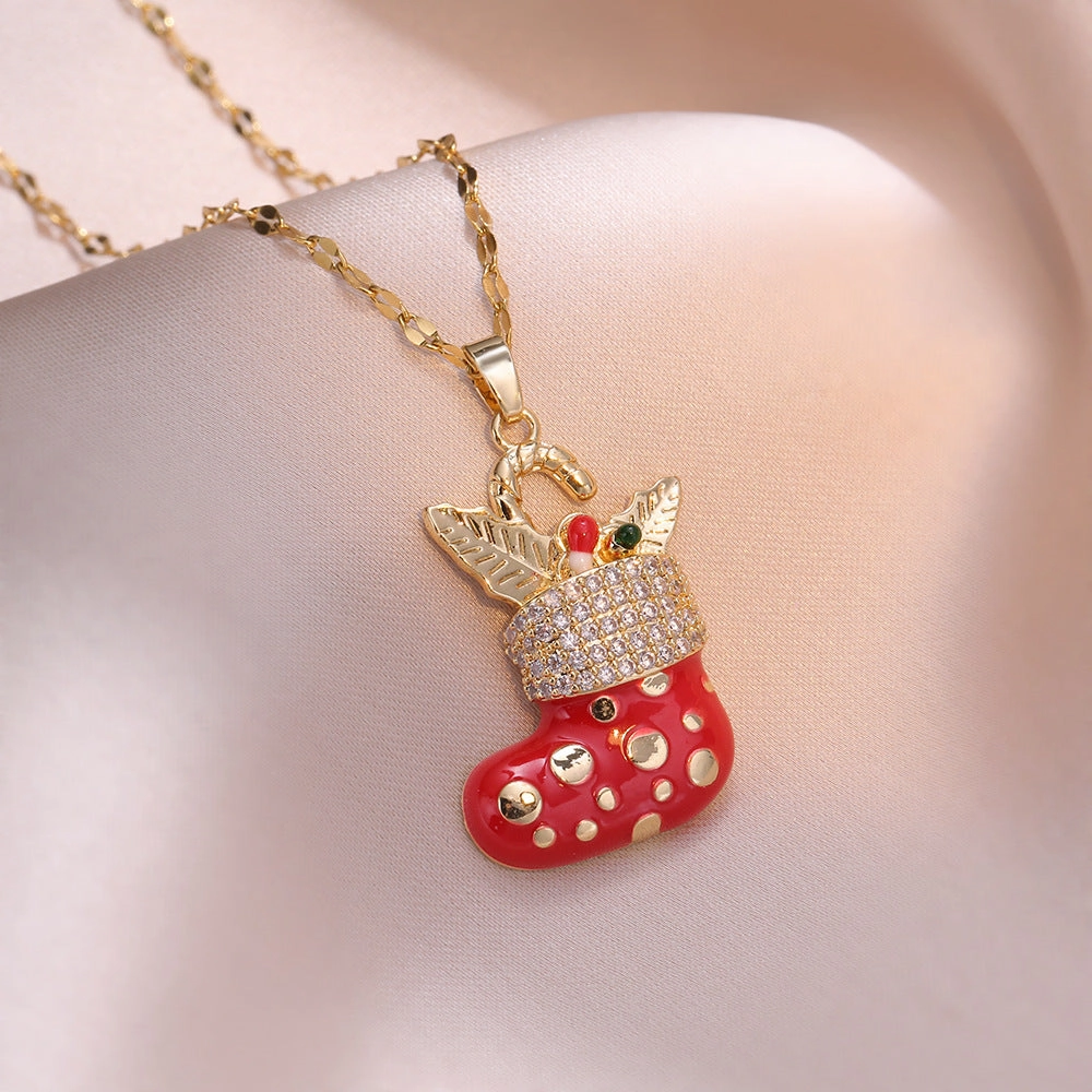 Wholesale Zirconia Christmas Red Socks Micro-Inlaid Oil Drop Clavicle Chain