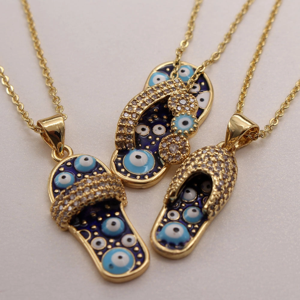Wholesale Zirconium Oil Dripping Summer Slippers 18K Copper Plated Real Gold Necklace