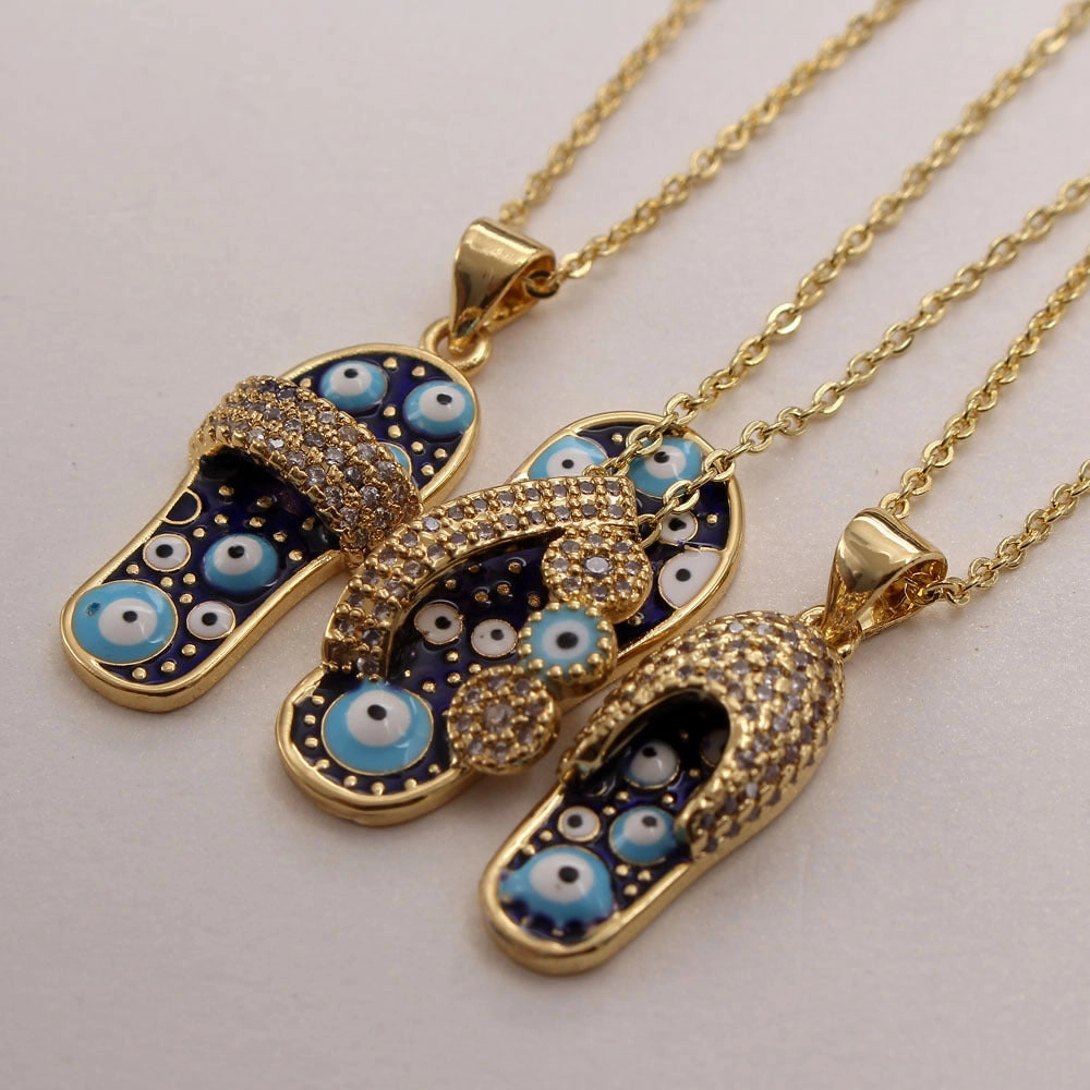 Wholesale Zirconium Oil Dripping Summer Slippers 18K Copper Plated Real Gold Necklace