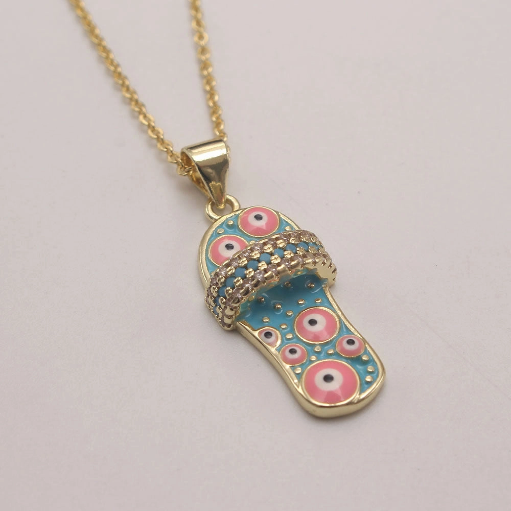 Wholesale Zirconium Oil Dripping Summer Slippers 18K Copper Plated Real Gold Necklace