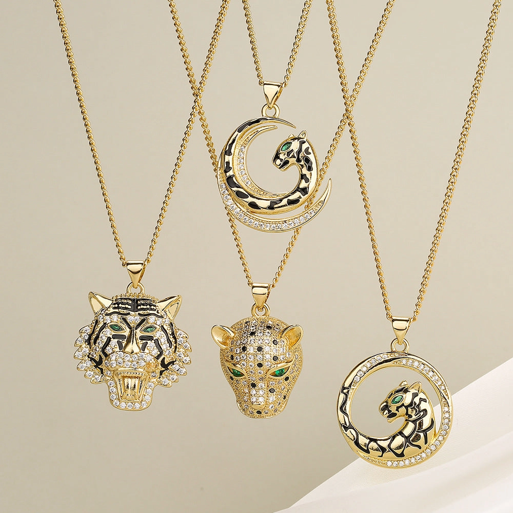 Wholesale ZirconThe Head of A Tiger Panther Pendant Gold Plated Neckplaces