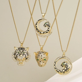 Wholesale ZirconThe Head of A Tiger Panther Pendant Gold Plated Neckplaces