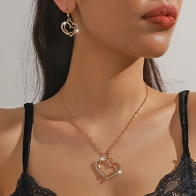 WholesaleLove Vintage Fashion Alloy Diamond Openwork Heart Pendant Necklace Earrings