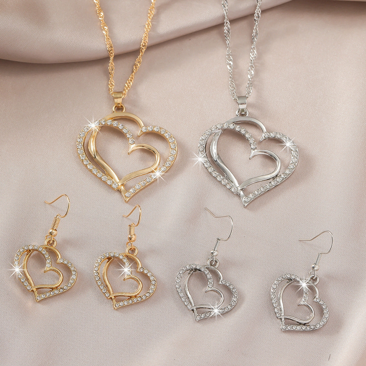 WholesaleLove Vintage Fashion Alloy Diamond Openwork Heart Pendant Necklace Earrings
