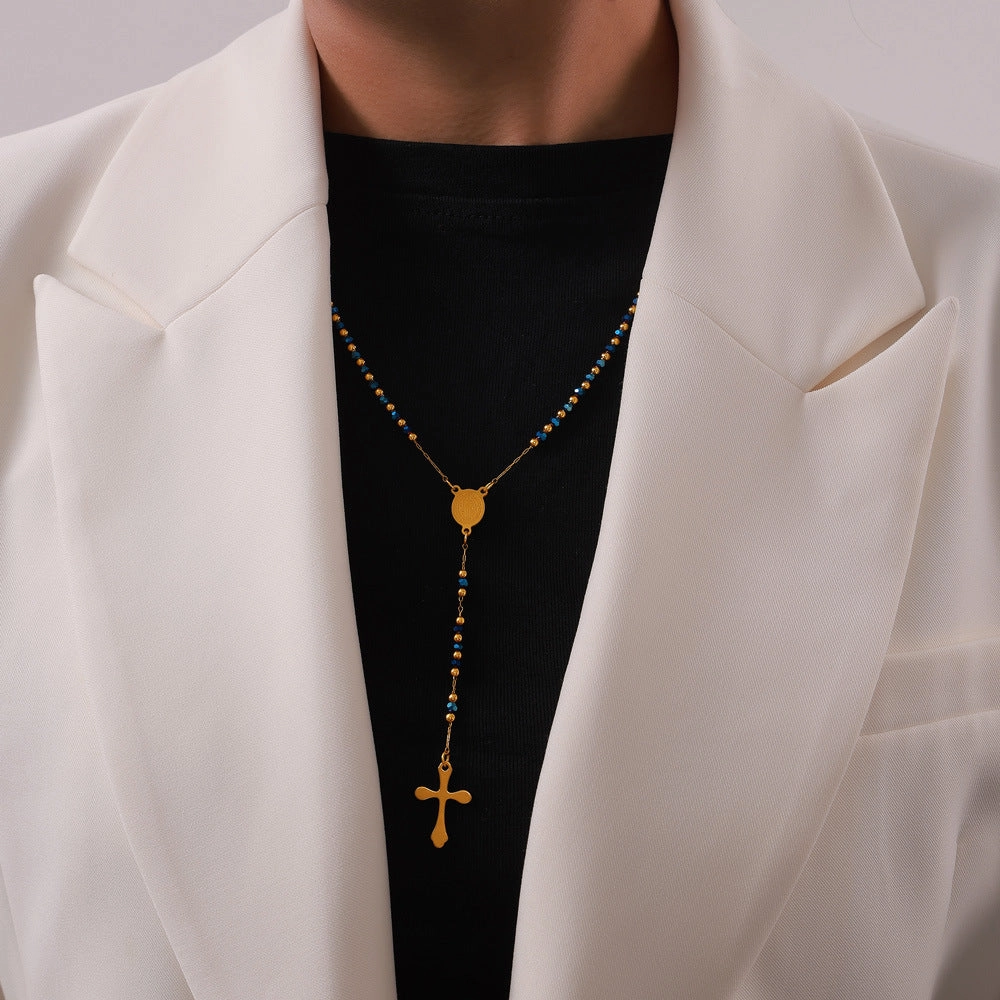 WholesaleRetro Rosary Cross Figure Round Pendant Titanium Steel Necklace