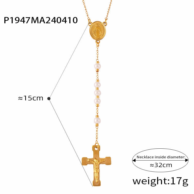 WholesaleRetro Rosary Cross Figure Round Pendant Titanium Steel Necklace