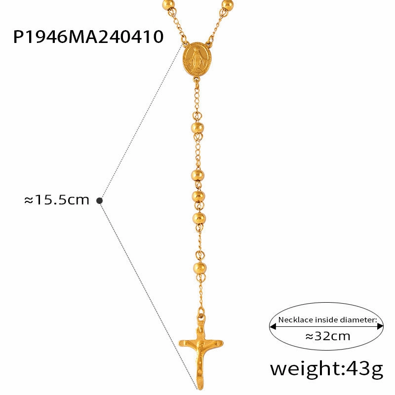 WholesaleRetro Rosary Cross Figure Round Pendant Titanium Steel Necklace