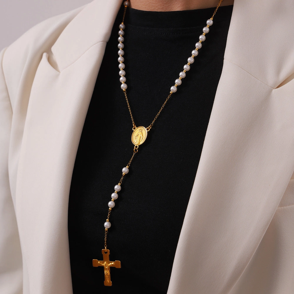 WholesaleRetro Rosary Cross Figure Round Pendant Titanium Steel Necklace