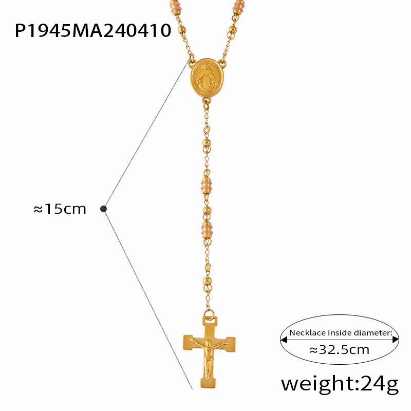 WholesaleRetro Rosary Cross Figure Round Pendant Titanium Steel Necklace