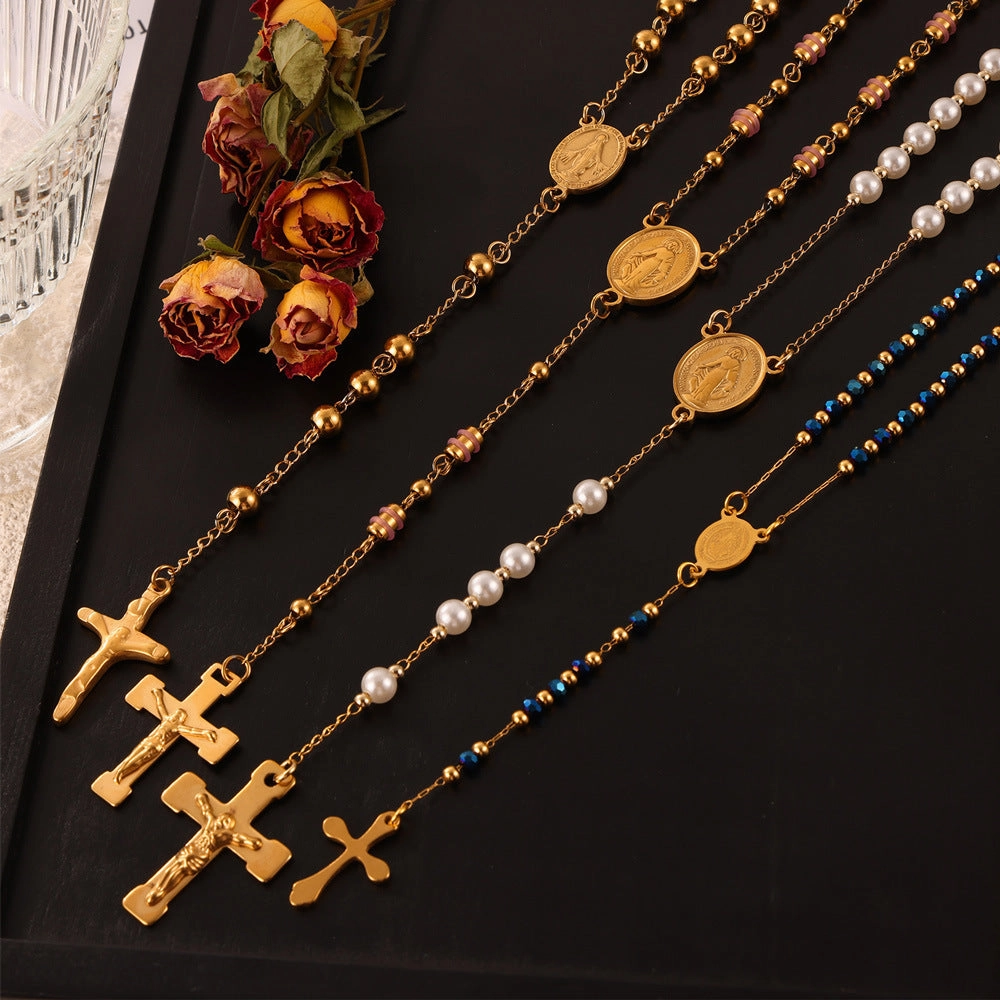 WholesaleRetro Rosary Cross Figure Round Pendant Titanium Steel Necklace