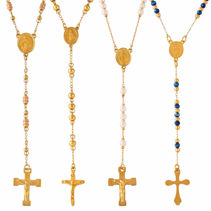 WholesaleRetro Rosary Cross Figure Round Pendant Titanium Steel Necklace