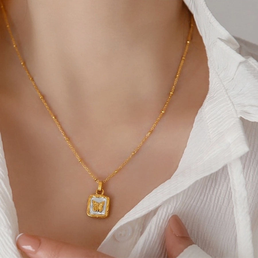 WholesaleTitanium Steel Square Brand Mother-of-pearl Butterfly Collarbone Necklace