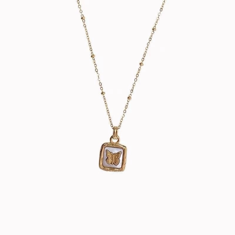 WholesaleTitanium Steel Square Brand Mother-of-pearl Butterfly Collarbone Necklace