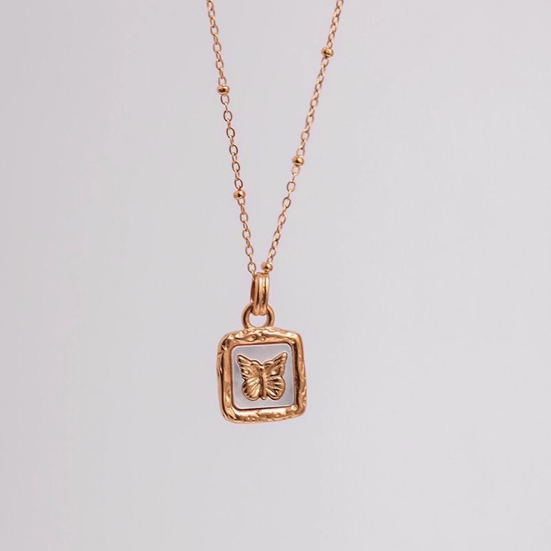 WholesaleTitanium Steel Square Brand Mother-of-pearl Butterfly Collarbone Necklace